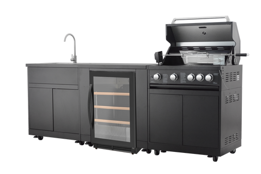 Serie BBQTitan 292x66x129cm 4 fuegos + quemador trasero (incl.  asador, iluminación interior y cubierta)