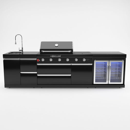 Grillmaster SELECTED Rockster Cocina de exterior de acero inoxidable negro, 296x58x90cm, 4 quemadores 2, incl. Superficie de trabajo de granito-premontada