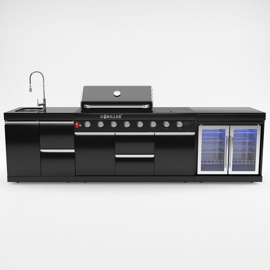 Grillmaster SELECTED Max Rockster Cocina exterior de acero inoxidable negro, incl. Roksserie, 6 2 Brenner, Inkl. Superficie de trabajo de granito-premontada